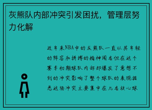 灰熊队内部冲突引发困扰，管理层努力化解